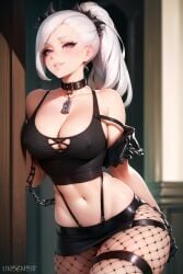 ai_generated big_lips camisole chains cleavage collar fishnets goth goth_girl legwear light-skinned_female miniskirt nipples_visible_through_clothing no_bra no_bra_under_clothes ponytail silver_hair skirt straps tagme unsensir violet_eyes white_hair