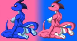 2015 3_toes alternate_color anthro areola ass blue_areola blue_background blue_body blue_eyes blue_nipples blue_scales blue_skin breasts duo feet female gradient_background hi_res june_(justathereptile) justathereptile komodo_dragon lizard looking_at_viewer monitor_lizard nipples non-mammal_breasts nude pink_areola pink_background pink_nipples rear_view red_eyes reptile scales scalie scutes simple_background sitting tail toes watermark