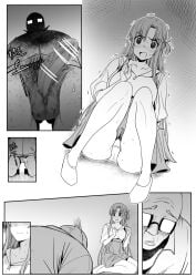 age_difference blush bowing breasts female glasses h2o_(ddks2923) highres kneeling large_breasts large_penis long_hair monochrome non-web_source panties penis spread_legs surprised sword_art_online underwear unsure very_long_hair yuuki_asuna