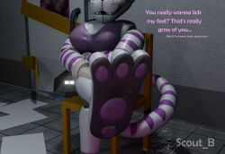 3d 3d_(artwork) absurd_res absurdres animatronic anthro arms_cross arms_crossed black_feet blender blender_(software) breasts cat_girl cat_tail catgirl chair cheeks concrete_wall dirty_feet domestic_cat door door_open door_opening english english_commentary english_text fazbear_fanverse fazbear_frights fbi fbi_agent feet feet_up female female_focus female_only fetish fetishes five_nights_at_freddy's floor floor_tiles fnaf foot_fetish furry_tail gloves high_resolution highres inside jolly jolly_(game) jolly_4 lonner_(artist) looking_at_viewer maxie_(jolly) maxie_(jolly4) maxie_goodtime(jolly) maxie_nude maxienudes metal_door nude nude_female nudity nudity_goodtime open_mouth paper paws pink_stripes planks pov purple_boobs purple_bra purple_cheeks purple_paws purple_stripes rendered room rusty scout_b(artist) showcase slightly_open_mouth stinky_feet stripes tail teeth tiger tiger_stripes tiles vehicle white_arms white_body white_fur white_hair wood_door