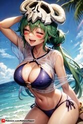 1girls ai_generated alternate_costume alternate_hairstyle arm_behind_head arm_up beach big_breasts bikini bleach bleach_brave_souls breasts busty cleavage curvaceous erect_nipples facepaint female female_only green_hair happy happy_female helmet nelliel_tu_odelschwanck nipples ocean palm_tree ponytail rakosz_oppai revealing_clothes revealing_swimsuit sea skeleton skull skull_head smile solo solo_focus swimsuit tied_hair voluptuous water wet wet_body wet_shirt wet_skin wide_hips