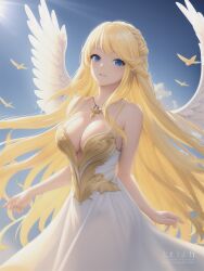 1girls ai_generated angel angel_wings blonde_hair blue_eyes cleavage dress female flying large_breasts long_hair looking_at_viewer original original_character shmebulock36 solo solo_female sunlight thighs white_dress yellow_hair