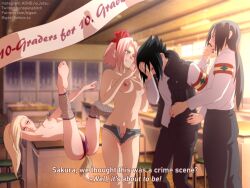 2boys 2girls after_sex bigeel black_hair blonde_hair brothers caught caught_in_the_act commentary condom dialogue embarrassed facepalm fake_tail implied_yuri ino_yamanaka inviting leg_sleeves long_hair lying_on_back multiple_boys multiple_girls naruto naruto_(series) naruto_shippuden naughty naughty_face panties pink_hair plug_(sex_toy) pubic_hair sakura_haruno sasuke_uchiha sex_toy sex_toy_in_ass standing surprised tail_plug talking text topless uchiha_itachi