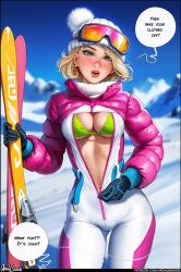 1girls aroma_sensei blonde_hair blue_eyes breasts dialogue english_text eyebrow_piercing female gap_teeth gwen_stacy hat large_breasts light-skinned_female light_skin marvel marvel_comics outdoors short_hair snow spider-man:_into_the_spider-verse spider-man_(series) unzipped_jacket winter