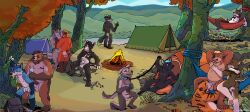 absurd_res anthro bear camping canid canine canis coyote deer felid forest fox giant_panda group hammock hi_res landscape leash male male/male mammal outside pantherine plant red saberpaws tent tiger tree wolf