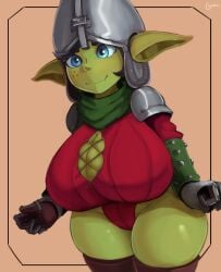 1girls armor big_breasts blue_eyes breast_squish cleavage_cutout cranihum female female_only fully_clothed goblin goblin_female helmet hi_res humanoid_pointy_ears medieval_armour oc oerba_yun_fang original original_character pointy_ears shortstack smiling solo tani_(cranihum) thick_thighs thigh_squish