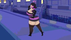 1girls ass axel_in_harlem big_ass clothed fat_ass female_only high_heels meme plumpish_(waru-geli) purple_hair redraw short_dress solo solo_female solo_focus tagme vamonos_de_fiesta_a_factory walking waru-geli