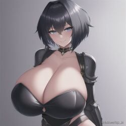 1girls ai_generated black_hair blue_eyes breast_bigger_than_head cleavage clothed eyebrows_visible_through_hair eyes_visible_through_hair female female_only huge_breasts light-skinned_female light_skin op_ai short_hair watermark