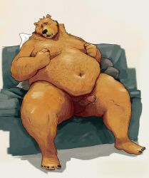 2022 alewriggle anthro bear belly belly_overhang big_belly blush brown_body brown_fur erection facial_piercing fupa fur furniture genital_piercing genitals hairy head_tilt hi_res looking_pleasured male mammal moobs navel nipple_fetish nipple_play nude obese obese_male on_sofa one_eye_closed overweight overweight_male penis penis_piercing piercing prince_albert_piercing sitting sofa solo spread_legs spreading thick_thighs