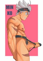 1boy 1male abs armpit_hair asta_(black_clover) big_penis black_bulls black_bulls_symbol black_clover boner dick erection erection_pushing_underwear genitals green_eyes headband male male_only minkoni2 mostly_nude_male mouth_open muscular muscular_male penis_bulge penis_under_clothes scar short_hair simple_background smile solid_color_background solo solo_focus solo_male standing teeth_visible underwear veiny_penis visible_penis_shape visible_underwear white_hair