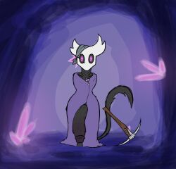 <3_eyes 1boy anthro big_penis black_body black_penis cloak clothing crystal femboy genitals heart hollow_knight horn huge_cock hung_trap looking_at_viewer male male_only penis pickaxe piekiller piekiller5 purple_cloak purple_eyes standing tail team_cherry vein veiny_penis vessel_(species)