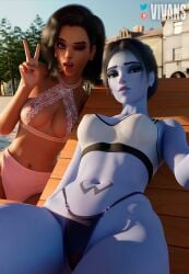 2girls 3d alternate_costume alternate_hairstyle amelie_lacroix beach bikini blender blizzard_entertainment blue_body breasts female female_only hips latina looking_at_viewer lying lying_on_back mexican nipples nipples_visible_through_clothing overwatch overwatch_2 purple_eyes purple_hair seductive seductive_smile selfie sombra swimsuit tanned_female victory_sign vivans wide_hips widowmaker yellow_eyes