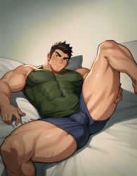 1boy ai_generated bara bare_shoulders black_hair blush bulge covered_abs covered_navel covered_nipples erect_nipples erect_nipples_under_clothes facial_hair feet_out_of_frame hard_nipples large_pectorals looking_at_viewer lying male_focus male_underwear muscular muscular_male nipples on_bed pectorals short_hair shorts sideburns sidepec solo solo_male spread_legs stable_diffusion stubble sweatdrop tank_top taut_clothes thick_eyebrows thick_thighs thighs