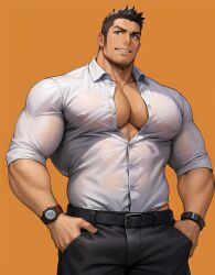 1boy 2023 ai_generated bara beard belt black_hair black_pants bulge collared_shirt covered_nipples facial_hair hands_in_pockets high_resolution highres human large_pectorals looking_at_viewer male male_only manly mature_male muscular muscular_male orange_background pants partially_unbuttoned pectoral_cleavage pectorals see-through shirt short_hair sideburns smile solo spiked_hair stable_diffusion stubble thick_arms tight watch wet wet_clothes wet_shirt white_shirt wristwatch