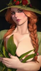 ai_generated blush censored_nipples female green_clothing green_eyes harry_potter hogwarts_legacy mirabel_garlick nai_diffusion orange_hair pink_lips plant ptx-art red_hair rose_(flower) third-party_edit