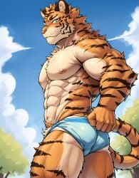 1boy 2023 abs ai_generated animal_ears anthro ass bara blush bulge cloud day furry furry_male high_resolution highres large_pectorals looking_at_viewer male male_only male_swimwear muscular muscular_male navel nipples orange_fur outdoors pectorals short_hair sky solo stable_diffusion stomach tail thick_eyebrows thick_thighs thighs tiger_boy tiger_ears tiger_tail topless_male underwear