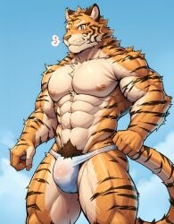 1boy abs ai_generated animal_ears anthro bara blush bulge feet_out_of_frame furry furry_male large_pectorals looking_at_viewer male_focus male_pubic_hair male_swimwear male_underwear muscular muscular_male musical_note navel navel_hair nipples orange_fur pectorals pubic_hair short_hair smile solo solo_male spoken_musical_note stable_diffusion stomach tail thick_thighs thighs tiger_boy tiger_ears tiger_tail topless_male underwear underwear_only