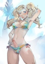 1futa ann_takamaki balls beach big_penis bikini blonde_hair breasts cameltail clothed clothing erect_penis erection erection_under_clothes futa_only futanari hand_behind_head human intersex light-skinned_futanari light_skin long_hair megami_tensei mostly_nude nei019 pale_skin penis persona persona_5 solo solo_futa standing swimwear tongue_out twintails uncensored