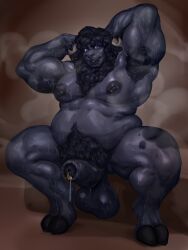 absurd_res animal_humanoid anthro armpit_hair armpit_tuft balls barbell_piercing belly black_balls black_body black_fur black_glans black_hair black_hooves black_penis black_pubic_hair blue_eyes bodily_fluids body_hair bovid bovid_humanoid brown_background caprine caprine_humanoid cloven_hooves dagapuff dripping ear_piercing erection foreskin fur genital_fluids genital_piercing genitals glans glistening glistening_body gold_ear_piercing gold_piercing hair hands_behind_head happy_trail hi_res hooves horn humanoid lips looking_at_viewer male mammal mammal_humanoid mostly_hairless mottled muscular muscular_anthro muscular_arms muscular_male nipple_barbell nipple_piercing nipples overweight overweight_anthro overweight_male penis penis_piercing piercing precum precum_drip precum_string presenting_armpit prince_albert_piercing raised_arm sheep_humanoid simple_background sitting slightly_open_mouth solo steam sweat sweaty_armpit sweaty_arms sweaty_balls sweaty_belly sweaty_body sweaty_chest sweaty_genitalia sweaty_legs sweaty_thighs thick_bottom_lip wool_(fur) wool_hair