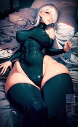 1girls ai_generated black_leotard black_thighhighs curvaceous curvy curvy_body curvy_female curvy_figure elizabeth_liones highres latex_leotard latex_thighhighs leotard long_hair nanatsu_no_taizai on_bed seductive_eyes stable_diffusion thighhighs voluptuous voluptuous_female white_hair wide_hips