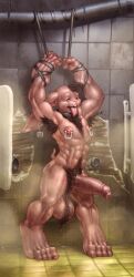 absurd_res balls bodily_fluids bondage bound broken_urinals collar erect_penis erection feet filth filthy foreskin fumes genital_fluids genitals gross hairy hairy_armpits hairy_balls hairy_chest hairy_male hands_above_head hands_tied hands_tied_above_head hi_res implied_pee male male_focus male_only mot muscles muscular muscular_anthro muscular_arms muscular_legs muscular_male muscular_thighs nipple_piercing non-human peeing peeing_on_another penis pierced_nipples piercing piercings pubes public public_exposure public_nudity public_restroom six_pack solo solo_focus solo_male sweat tied_hands tied_up tongue tongue_out urinal urine watersports