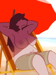 2023 3:4 anthro areola armpits bangs beach beach_chair beach_umbrella belly big_breasts big_nipples bottomwear breasts casual_exposure cel_shading chair chubby_anthro chubby_female clothed clothing colored covered_eyes day deltarune detailed_background digital_media_(artwork) erect_nipples exhibitionism female female_focus furniture hair hands_behind_head hi_res huge_breasts huge_hips huge_thighs light lizard long_hair male_swimwear_challenge mammal navel nipples on_chair outside portrait public public_exposure purple_body purple_hair purple_skin reptile sand scalie sea seaside shaded sitting sitting_on_chair sleeping slightly_chubby solo solo_focus sunlight susie_(deltarune) swimming_trunks swimwear thick_thighs topless topless_anthro topless_female undertale undertale_(series) warm_colors water wide_hips wtperv