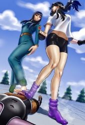 2girls anklehighs barefoot black_hair dragon_ball dragon_ball_z feet fingerless_gloves foot_fetish foot_focus footjob footjob_with_legwear footjob_with_one_foot loose_socks mai_(dragon_ball) malesub midriff no_shoes penis precum purple_socks smelly_feet socks spats steam steamy_feet stepped_on videl white_shirt