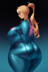 1girls ass big_ass blonde_hair blue_eyes bodysuit chubby clothed degeneratepai fat fat_ass female huge_ass huge_thighs hyper_thighs massive_thighs metroid nintendo overweight ponytail samus_aran tagme thunder_thighs zero_suit zero_suit_samus