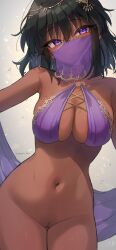 artist_request belly_dancer big_breasts bikini bikini_top black_hair breasts dark-skinned_female dark_skin edit facemask female female_focus female_only huge_breasts looking_at_viewer natalia_(idolmaster) pantyless partially_clothed pubic_hair purple_eyes pussy simple_background