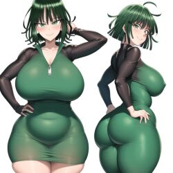 ai_generated ass_in_dress big_ass big_breasts blush fubuki_(one-punch_man) green_dress looking_at_viewer one-punch_man plump smiling thick_thighs