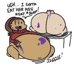 2girls big_ass big_belly big_breasts chubby dark_skin female female_only huge_ass huge_belly maybe_gore multiple_girls pie probably_dead red_clothing text theslashfive vore white_background