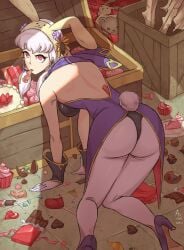 1girls absurd_res absurdres alternate_costume artist_name ass aurumsmii back backless_outfit bare_back bent_over big_ass bunny_ears bunny_girl bunny_tail bunnysuit candy caught chocolate cotton_tail eating fake_animal_ears fake_tail female female_only fire_emblem fire_emblem:_three_houses gloves hi_res high_heels highres kneeling long_hair looking_at_viewer lysithea_von_ordelia nintendo purple_eyes rose solo stuffed_toy watermark white_hair