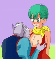 1boy 1girls 2020 age_difference annoyed aqua_hair blue_eyes blue_hair blush breast_grab breast_squeeze breasts bulma_briefs cleavage clothed clothing dragon_ball dragon_ball_z elder_kai feet_out_of_frame female hi_res highres large_breasts lipstick looking_at_another looking_down male no_sex old_man short_hair straight