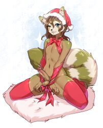 ailurid anthro balls biped bow_ribbon brown_hair christmas christmas_clothing christmas_headwear clothing femboy genitals girly glans hair hat headgear headwear hi_res holidays humanoid_genitalia humanoid_penis inner_ear_fluff male mammal one_eye_closed penis red_panda santa_hat solo tail tuft viskasunya