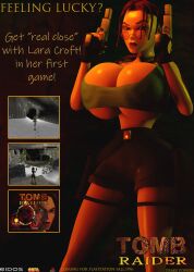 3d advertisement big_breasts braid breasts brown_eyes brown_hair busty cleavage crop_top drakepowers dual_wielding eyewear female female_focus female_only fingerless_gloves gun hourglass_figure lara_croft lara_croft_(classic) large_breasts lipstick magazine pistol pose posing short_shorts skimpy skimpy_clothes standing sunglasses tagme thigh_holster tomb_raider underboob virtamate wide_hips