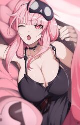 1girls bangs big_breasts breasts busty choker collar curves curvy curvy_female curvy_figure eye_mask female female_only hololive hololive_english hololive_myth huge_breasts large_breasts lazy mori_calliope o22no one_eye_closed pink_eyes pink_hair skimpy skimpy_clothes skull_choker skull_collar tagme virtual_youtuber vtuber waking_up