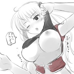 aged_up big_breasts bra bra_lift chinese_clothes colored_sketch crop_top female female_only ginkamiaki gintama kagura_(gintama) long_hair official_alternate_costume one_breast_out one_eye_closed partially_colored sketch solo twintails underboob undressing upper_body