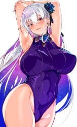 armpits arms_behind_head arms_up bangs bare_shoulders blush breasts cle_masahiro covered_navel earrings fate/grand_order fate_(series) female flower hair_flower hair_ornament hair_ribbon highleg highleg_swimsuit highres jewelry kama_(fate) kama_(swimsuit_avenger)_(fate) kama_(swimsuit_avenger)_(third_ascension)_(fate) large_breasts long_hair looking_at_viewer lotus multicolored_hair nail_polish one-piece_swimsuit open_mouth purple_hair purple_one-piece_swimsuit red_eyes ribbon silver_hair smile solo star_(symbol) star_earrings swimsuit thighs two-tone_hair white_background