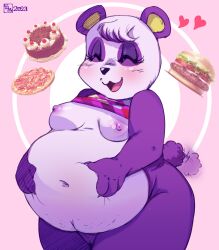 2023 animal_crossing anthro areola bear belly big_belly blush breasts burger cake closed_eyes clothing dessert doronkomajo dress eyelashes female food fur genitals giant_panda hand_on_balls happy heart hi_res mammal navel nintendo nipples open_mouth open_smile overweight pinky_(animal_crossing) pizza purple_body purple_fur pussy smile solo tail tail_motion tailwag white_body white_fur