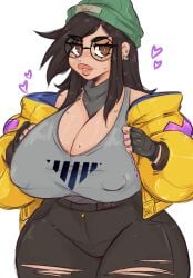 1girls black_hair breasts brown_eyes brown_hair chubby curvy dark_hair female fingerless_gloves glasses huge_breasts huge_thighs killjoy_(valorant) light-skinned_female light_skin looking_at_viewer obese solo spookiebuni sweat thick thick_thighs valorant voluptuous