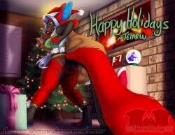 anthro anus black_body black_fur blue_body blue_eyes blue_skin bottomwear cameo caught christmas clothing costume digital_media_(artwork) elf fireplace fur furry genitals gift grey_blue_hair holidays humanoid inside invalid_tag looking_at_viewer micro mishap nsfw pants pinup plant portrait pose pussy red_body red_fur santa_claus snow_globe tail temrin temrin_sanjem torn_clothing tree ych