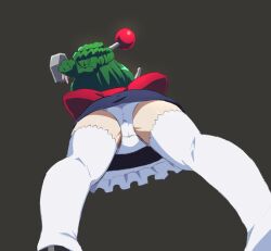 braided_hair female female_only frills ginkamiaki gintama green_hair hair_ornament kimono low-angle_view maid maid_uniform obi panties short_kimono socks solo standing tama_(gintama) thigh_socks thighhighs upskirt white_legwear white_panties white_socks white_thighhighs