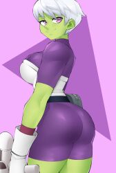 1girls 2d ass battle_armor battle_armor_(dragon_ball) cheelai clothed clothed_female clothes clothing dragon_ball dragon_ball_super female female_focus female_only flytrapxx frieza_army_armor frieza_battle_armor green-skinned_female green_skin gun smile tagme white_hair