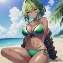 1girls ai_generated beach big_breasts bikini blush breasts buyong22 cleavage dark-skinned_female dark_skin day green_hair navel sky solo tan thick_thighs thighs yellow_eyes