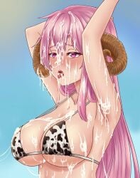 absurd_res animal_humanoid animal_print big_breasts bikini bikini_top bodily_fluids bovid bovid_humanoid breasts bukkake caprine caprine_humanoid clothing cow_print cum female genital_fluids hair hi_res horn horned_humanoid humanoid hythan mammal mammal_humanoid mimi_kaneko_(magiaice) purple_eyes purple_hair sheep_humanoid solo swimwear