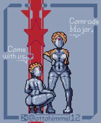 2girls atomic_heart big_ass big_breasts female_only gold_(metal himmel12 long_legs ottohimmel12 pixel_art robot robot_girl squatting the_twins_(atomic_heart) thick_ass thick_thighs wide_hips