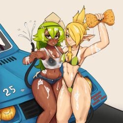 2girls abs amalia cleophee cra dark-skinned_female earrings elf_ears elf_female female female_only green_eyes green_hair hair_over_one_eye looking_at_viewer multiple_girls muscular muscular_female ponytail princess_amalia_sheran_sharm sadida small_breasts soap tagme thick_thighs wakfu water zelles