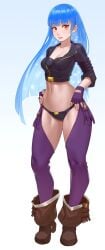 1girls angel_(kof) artist_request blue_hair breasts cheshirrr cleavage cosplay female female_only highres king_of_fighters kula_diamond legs long_blue_hair long_hair looking_at_viewer medium_breasts midriff navel open_mouth red_eyes snk solo thick_thighs thighs