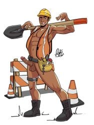 boner cocky construction_site construction_worker dark-skinned_male dark_skin erect_penis erection hard_on lad male male_only manly melanin muscles muscular muscular_male open_shirt shovel uncut veiny_penis velgaty worker