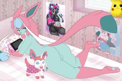 absurd_res alice_(disambiguation) bed blue_body blue_fur build_a_bear eeveelution fur furniture generation_1_pokemon generation_4_pokemon generation_6_pokemon genitals glaceon hair hi_res hybrid invalid_background long_tail lying nintendo nintendo_switch nude pikachu pink_hair pokemon pokemon_(species) poster pussy ribbons squishmellow sylveon tail window